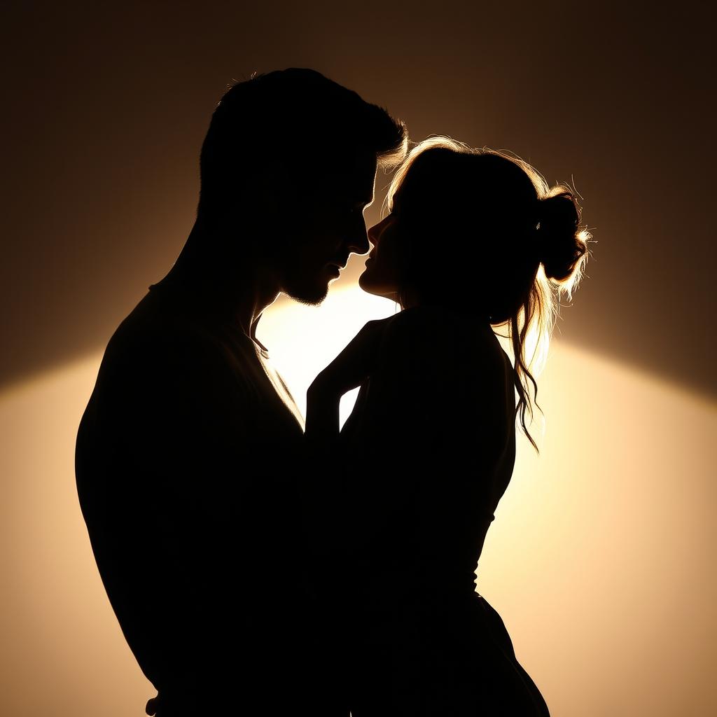 A romantic picture showcasing the silhouettes of a well-built man in a fitted shirt and a woman tenderly embracing each other