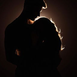 A romantic picture showcasing the silhouettes of a well-built man in a fitted shirt and a woman tenderly embracing each other