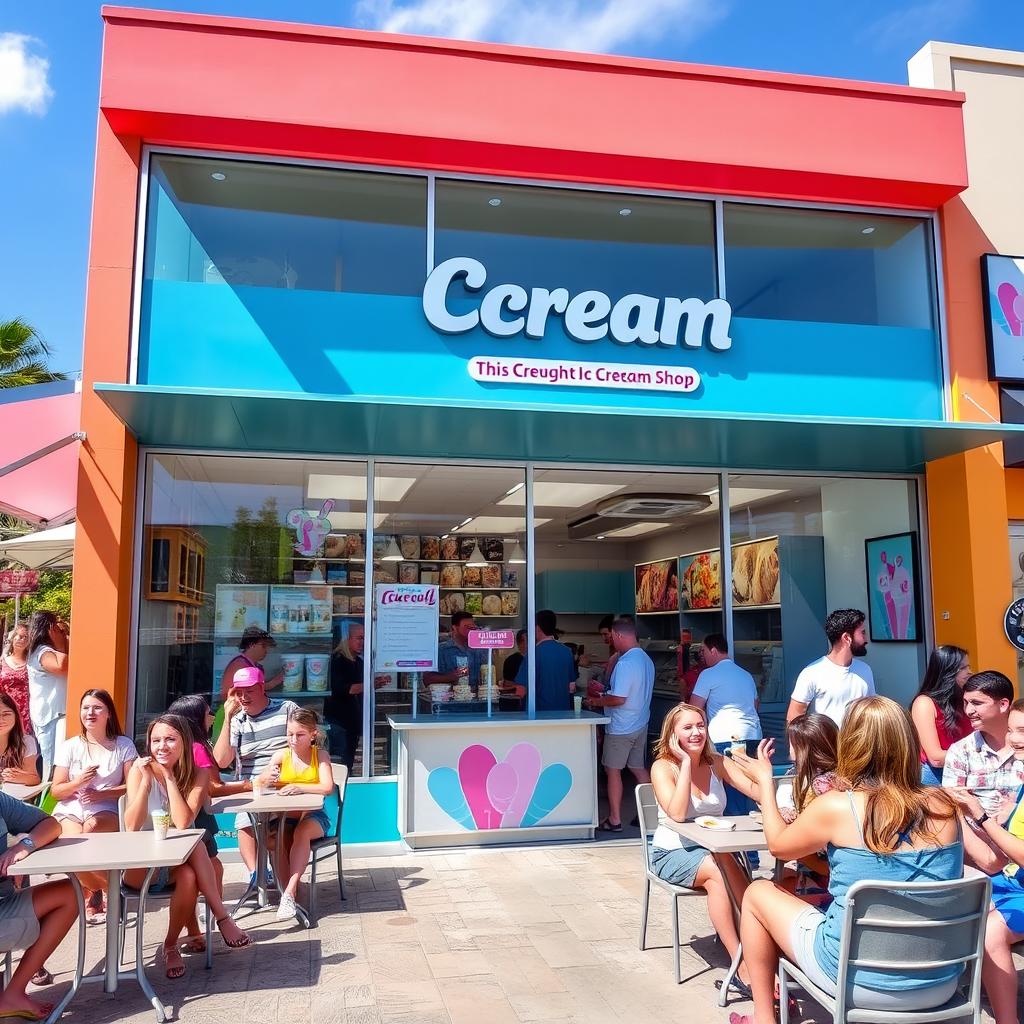 A vibrant and inviting commercial ice cream shop for sale, featuring a colorful storefront with large glass windows showcasing delicious ice cream flavors