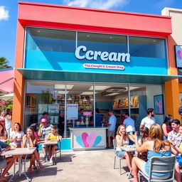 A vibrant and inviting commercial ice cream shop for sale, featuring a colorful storefront with large glass windows showcasing delicious ice cream flavors