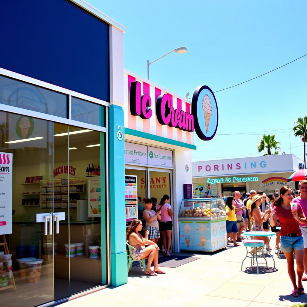 A vibrant and inviting commercial ice cream shop for sale, featuring a colorful storefront with large glass windows showcasing delicious ice cream flavors