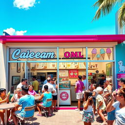 A vibrant and inviting commercial ice cream shop for sale, featuring a colorful storefront with large glass windows showcasing delicious ice cream flavors