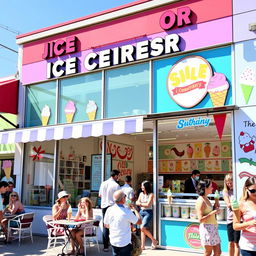 A vibrant and inviting commercial ice cream shop for sale, featuring a colorful storefront with large glass windows showcasing delicious ice cream flavors