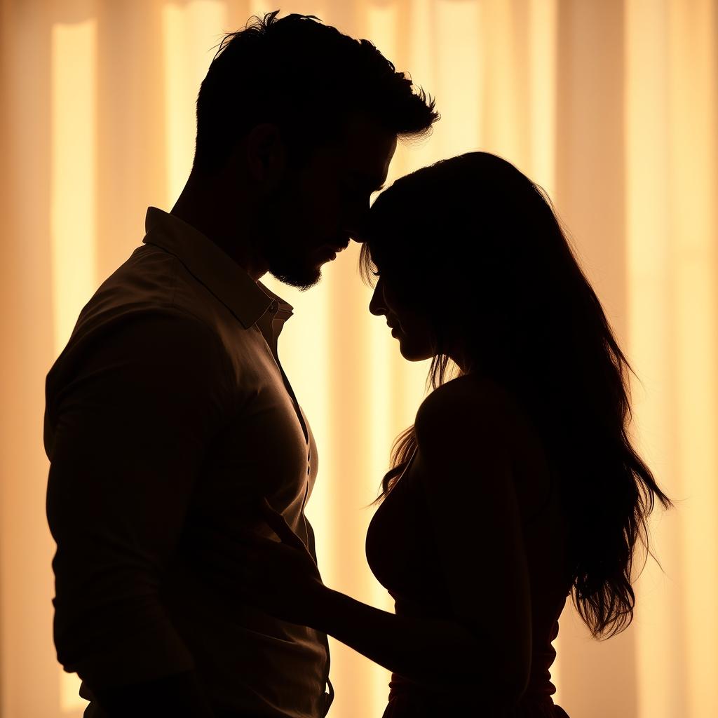 A romantic picture showcasing the silhouettes of a well-built man in a fitted shirt and a woman tenderly embracing each other, their shadows elegantly intertwined