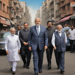 Caricature of Narendra Modi in a stylized 'mafia' avatar, posed with his crew on a bustling Indian street, all dressed in suave outfits, set under a dramatic cityscape.