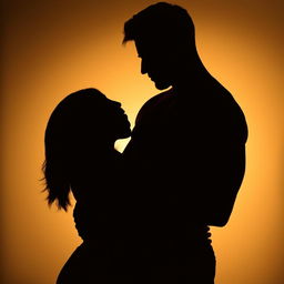 A romantic picture showcasing the silhouettes of a well-built man in a fitted shirt and a woman tenderly embracing each other, their shadows elegantly intertwined