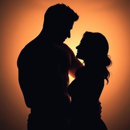 A romantic picture showcasing the silhouettes of a well-built man in a fitted shirt and a woman tenderly embracing each other, their shadows elegantly intertwined