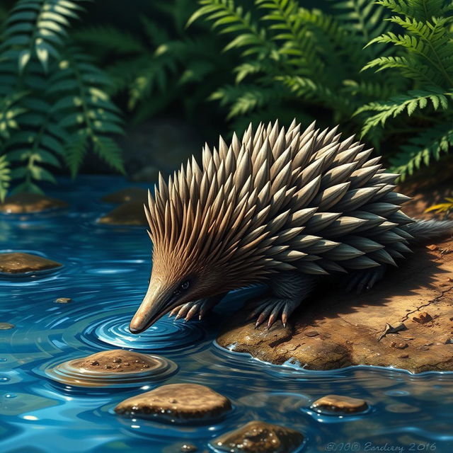 A highly realistic depiction of a water echidna in its natural habitat, showcasing its unique features and characteristics