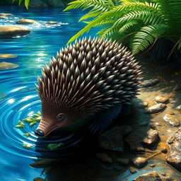 A highly realistic depiction of a water echidna in its natural habitat, showcasing its unique features and characteristics