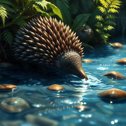 A highly realistic depiction of a water echidna in its natural habitat, showcasing its unique features and characteristics