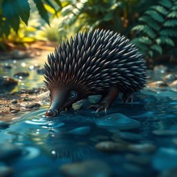 A highly realistic depiction of a water echidna in its natural habitat, showcasing its unique features and characteristics