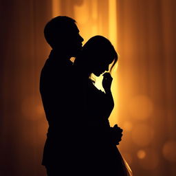 A romantic picture depicting the shadows of a man and woman tenderly embracing each other, their silhouettes beautifully intertwined