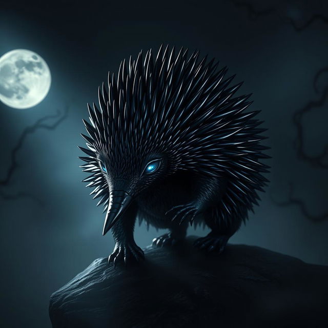 A strikingly realistic portrayal of a 'darkness echidna,' designed to embody the mysterious and ethereal qualities of shadows and twilight