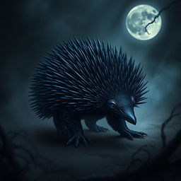 A strikingly realistic portrayal of a 'darkness echidna,' designed to embody the mysterious and ethereal qualities of shadows and twilight