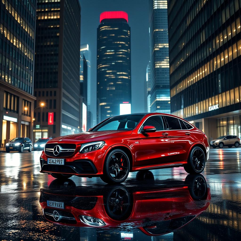 A sleek Mercedes-Benz AMG GLC 63 Coupe in striking metallic cherry red parked on a wet city street at night