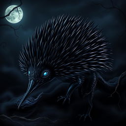 A strikingly realistic portrayal of a 'darkness echidna,' designed to embody the mysterious and ethereal qualities of shadows and twilight