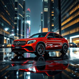 A sleek Mercedes-Benz AMG GLC 63 Coupe in striking metallic cherry red parked on a wet city street at night