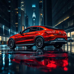 A sleek Mercedes-Benz AMG GLC 63 Coupe in striking metallic cherry red parked on a wet city street at night