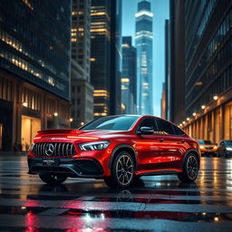 A sleek Mercedes-Benz AMG GLC 63 Coupe in striking metallic cherry red parked on a wet city street at night