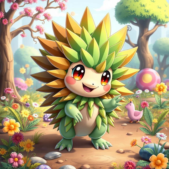 A cute and vibrant echidna-inspired Pokémon, designed with elements reflecting its spiky quills and adorable features