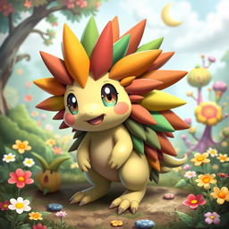 A cute and vibrant echidna-inspired Pokémon, designed with elements reflecting its spiky quills and adorable features