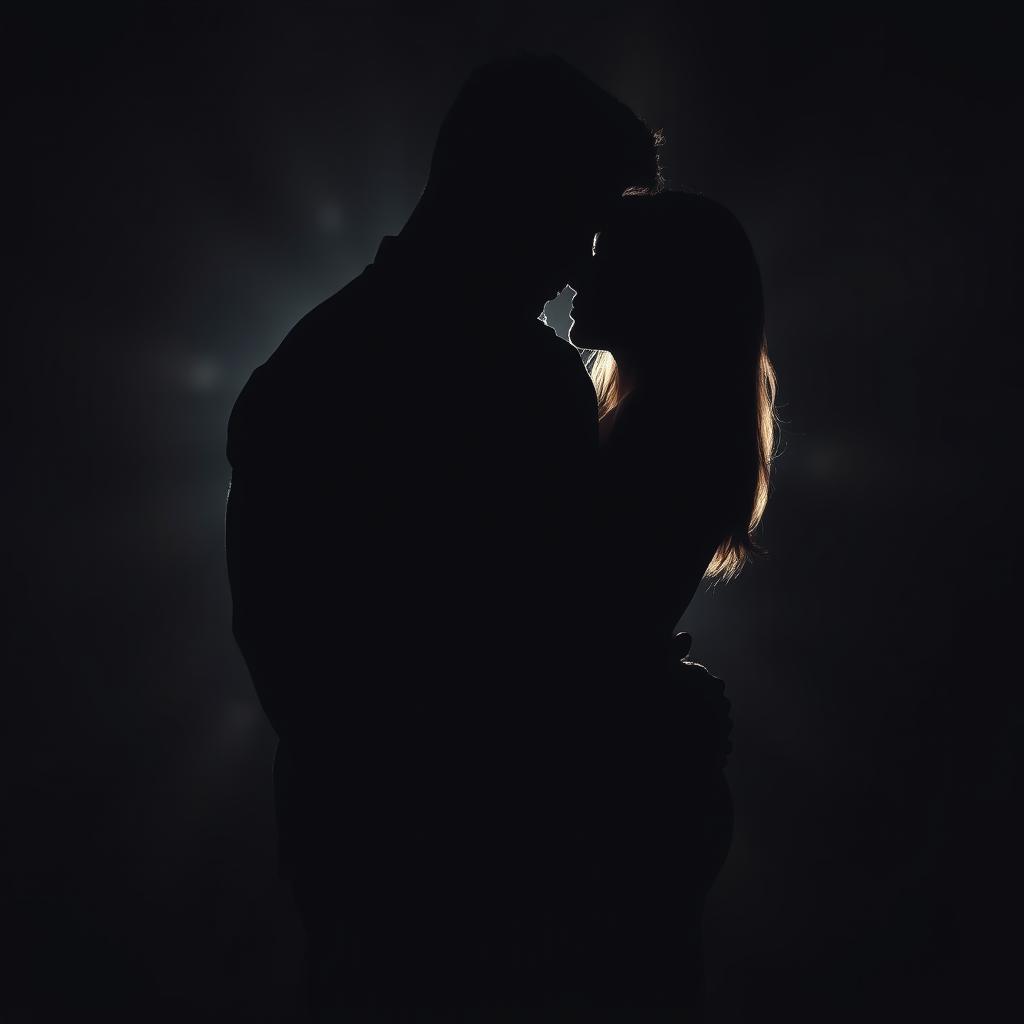 A mysterious and sexy image depicting the shadows of a man and woman passionately embracing each other, their silhouettes intertwined in an alluring pose