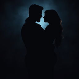 A mysterious and sexy image depicting the shadows of a man and woman passionately embracing each other, their silhouettes intertwined in an alluring pose