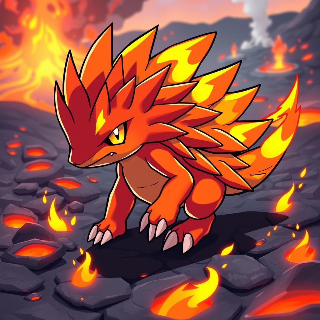 A striking fire-themed echidna Pokémon, designed with vibrant orange and red hues representing flames