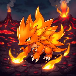 A striking fire-themed echidna Pokémon, designed with vibrant orange and red hues representing flames