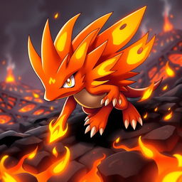 A striking fire-themed echidna Pokémon, designed with vibrant orange and red hues representing flames