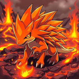 A striking fire-themed echidna Pokémon, designed with vibrant orange and red hues representing flames