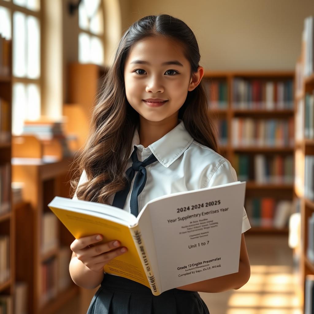 A beautiful and attractive young schoolgirl with long, wavy hair, wearing a stylish school uniform, standing confidently while holding an open book titled "2024-2025 Academic Year, Grade 12 English, Supplementary Exercises [Unit 1 to 7] Compiled by Saya Aung [B