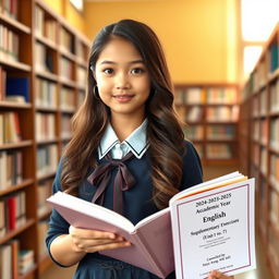 A beautiful and attractive young schoolgirl with long, wavy hair, wearing a stylish school uniform, standing confidently while holding an open book titled "2024-2025 Academic Year, Grade 12 English, Supplementary Exercises [Unit 1 to 7] Compiled by Saya Aung [B