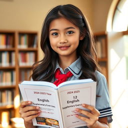 A beautiful and attractive young schoolgirl with long, wavy hair, wearing a stylish school uniform, standing confidently while holding an open book titled "2024-2025 Academic Year, Grade 12 English, Supplementary Exercises [Unit 1 to 7] Compiled by Saya Aung [B