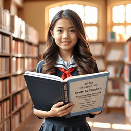 A beautiful and attractive young schoolgirl with long, wavy hair, wearing a stylish school uniform, standing confidently while holding an open book titled "2024-2025 Academic Year, Grade 12 English, Supplementary Exercises [Unit 1 to 7] Compiled by Saya Aung [B