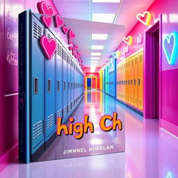 A vibrant book cover featuring a high school hallway adorned with colorful lockers and brightly lit neon lights