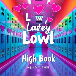 A vibrant book cover featuring a high school hallway adorned with colorful lockers and brightly lit neon lights