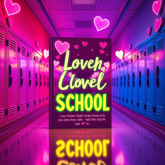 A vibrant book cover featuring a high school hallway adorned with colorful lockers and brightly lit neon lights