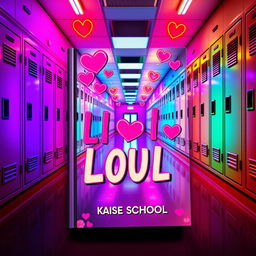 A vibrant book cover featuring a high school hallway adorned with colorful lockers and brightly lit neon lights