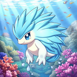 A captivating water-themed echidna Pokémon, designed with smooth, flowing lines and an aquatic color palette featuring shades of blue and teal