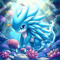 A captivating water-themed echidna Pokémon, designed with smooth, flowing lines and an aquatic color palette featuring shades of blue and teal