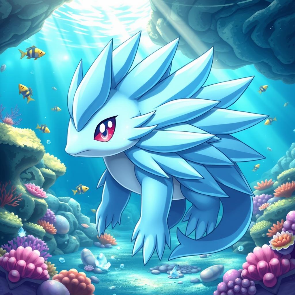 A captivating water-themed echidna Pokémon, designed with smooth, flowing lines and an aquatic color palette featuring shades of blue and teal