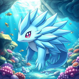 A captivating water-themed echidna Pokémon, designed with smooth, flowing lines and an aquatic color palette featuring shades of blue and teal