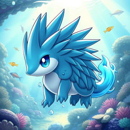 A captivating water-themed echidna Pokémon, designed with smooth, flowing lines and an aquatic color palette featuring shades of blue and teal