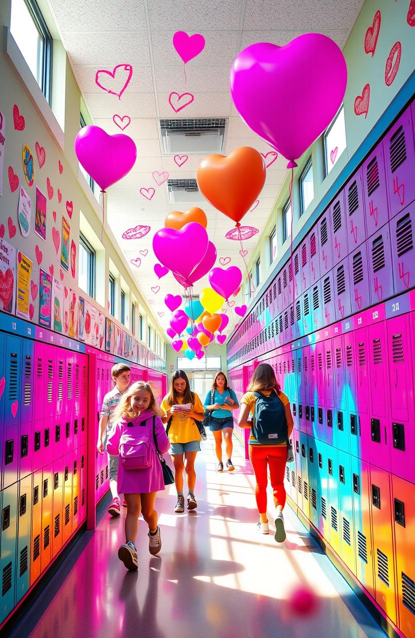 A vibrant high school hallway filled with brightly colored lockers and posters