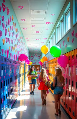 A vibrant high school hallway filled with brightly colored lockers and posters