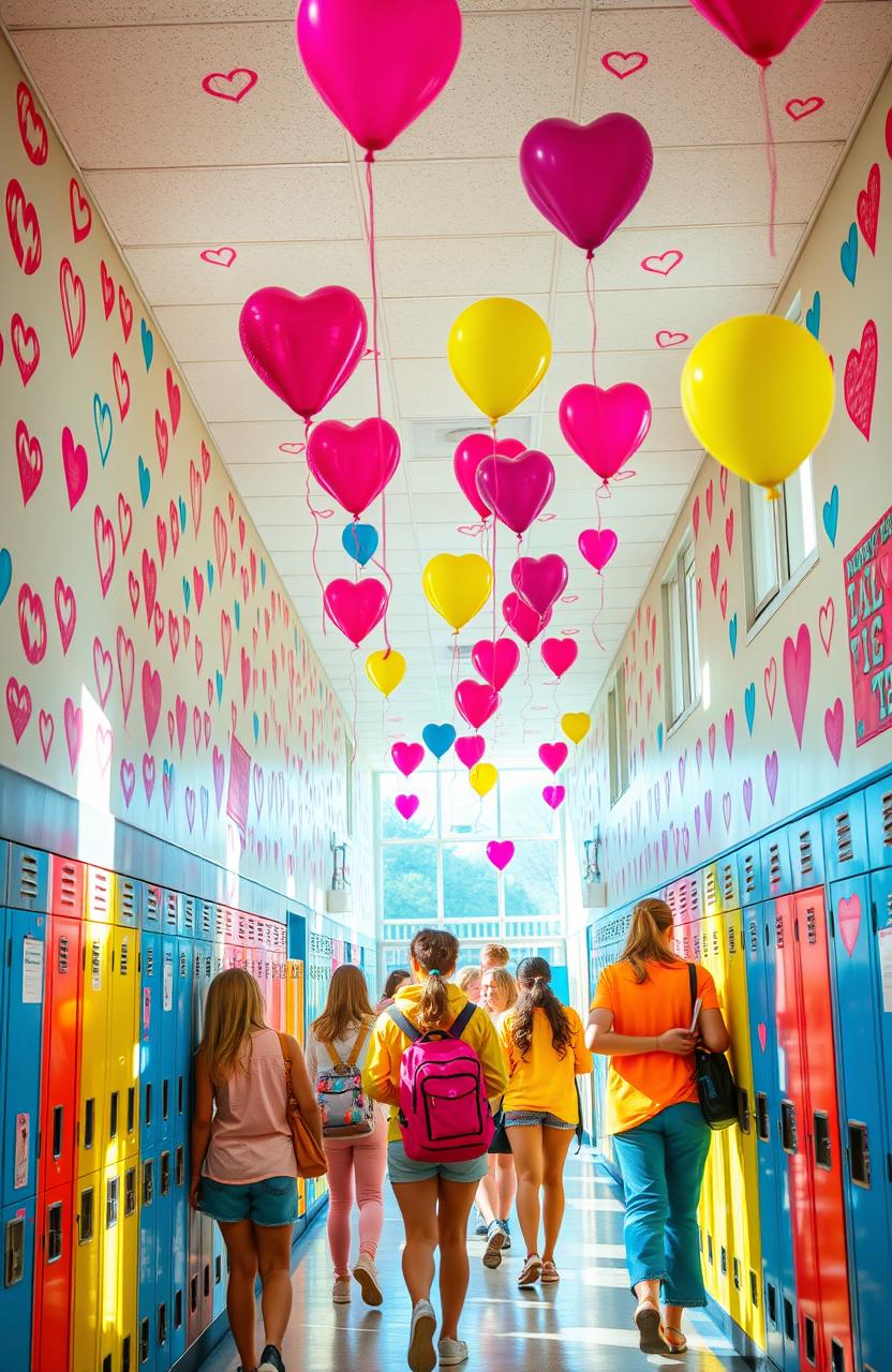 A vibrant high school hallway filled with brightly colored lockers and posters