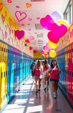 A vibrant high school hallway filled with brightly colored lockers and posters