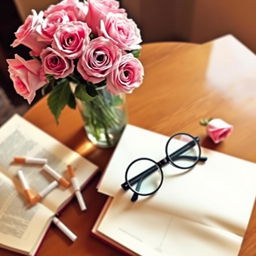 A cozy table setting featuring a clear vase filled with beautiful pink roses