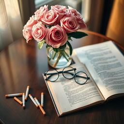 A cozy table setting featuring a clear vase filled with beautiful pink roses